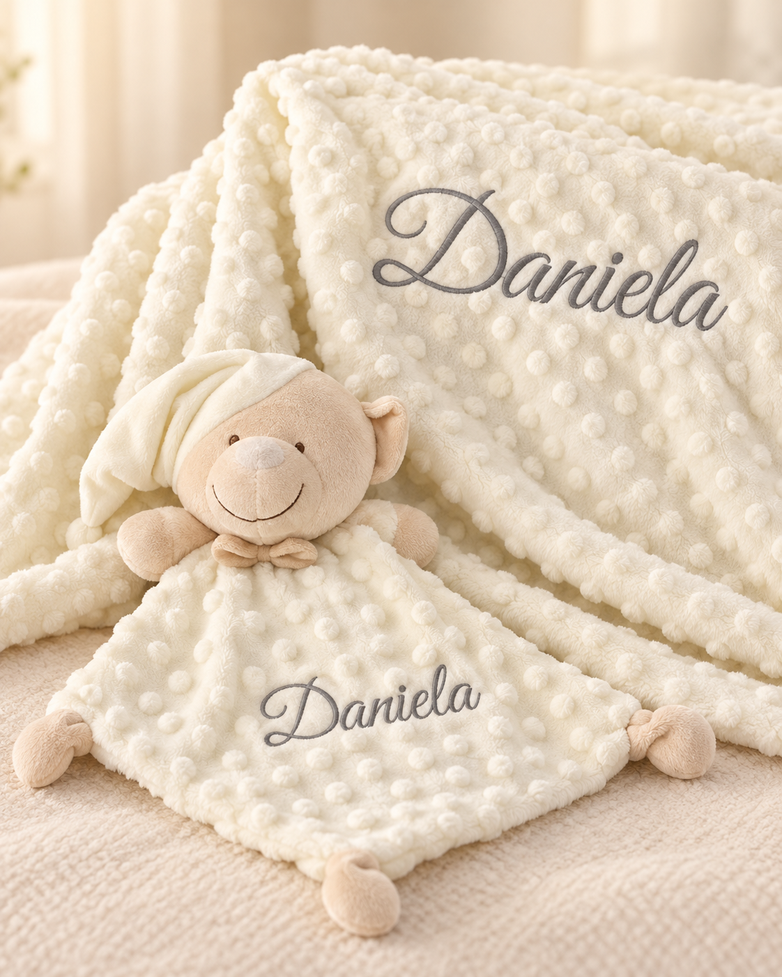 Manta y doudou de bebé bordados con el nombre Daniela