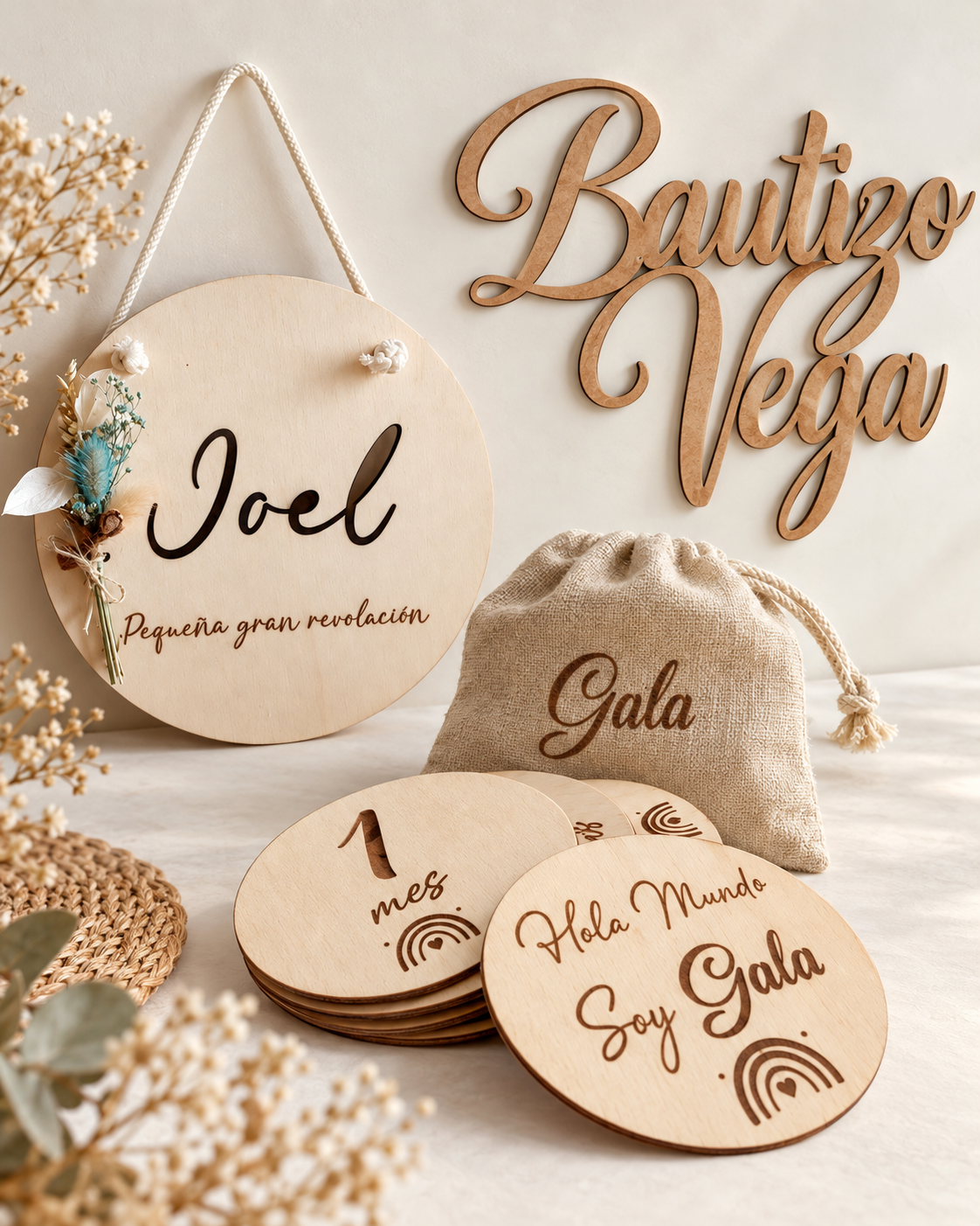 Placa de bienvenida, hitos de bebé en madera y cartel de bautizo personalizados
